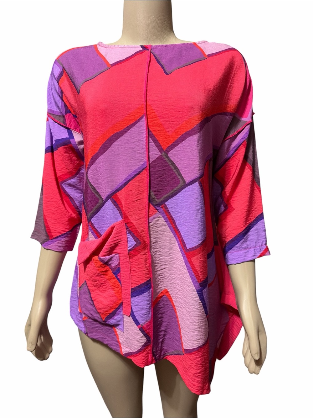 IC COLLECTION XS Pink & Purple Geometric Asymmetrical Tunic with Front Pocket